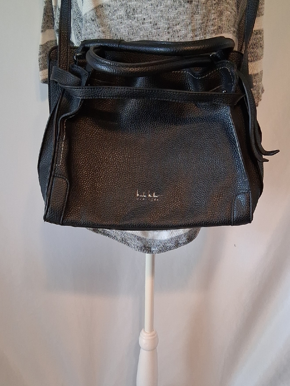 Nicole Miller Black Pebbled Leather Shoulder Bag Satchel Tote